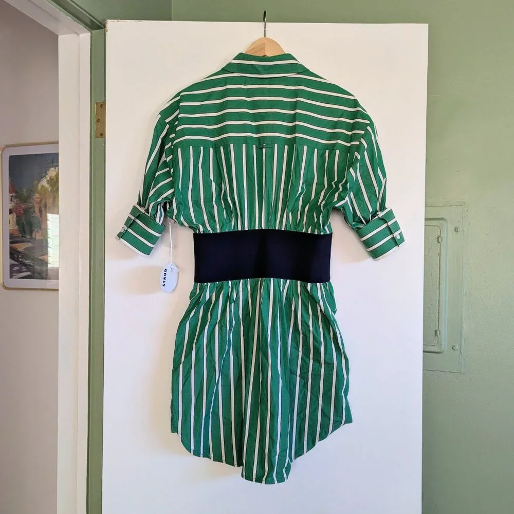STAUD Michelle Striped Shirt Mini Dress Seaweed Green Size M NWT Chic Versatile - Picture 4 of 16